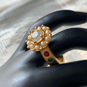 Georgian Style Vintage Rhinestone and Pearl Matte Brushed Gold Tone Ring
